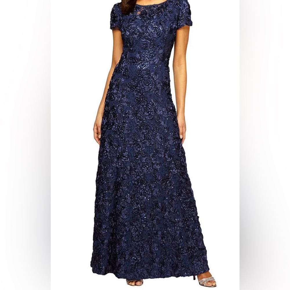 Alex Evenings - Stunning Navy Rosette Lace and Sequin Evening Gown